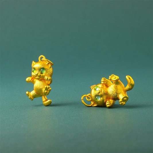 24K Gold Plated Cat Pendant, Brushed Green Eyes Lucky Charm for Necklace Making