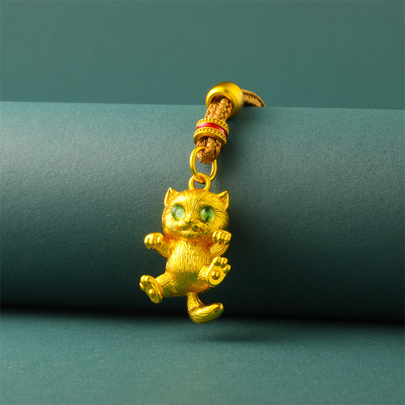24K Gold Plated Cat Pendant, Brushed Green Eyes Lucky Charm for Necklace Making