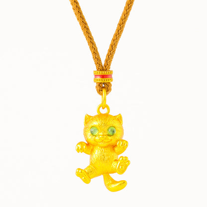 24K Gold Plated Cat Pendant, Brushed Green Eyes Lucky Charm for Necklace Making