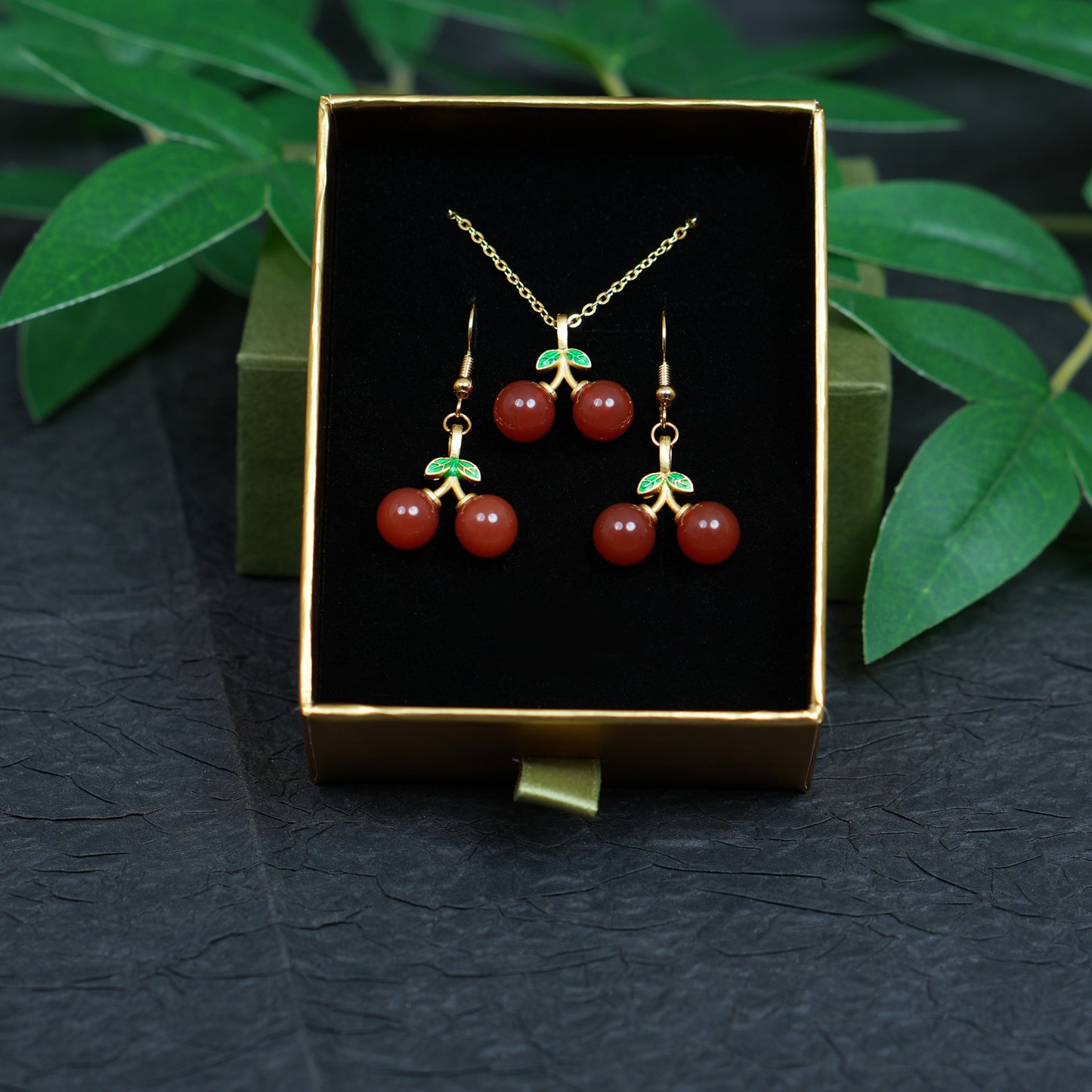 Natural Red Agate Gemstone Cherry Necklace & Earring Set • Gold Tone Fruit Jewelry • Gift for Her
