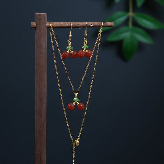 Natural Red Agate Gemstone Cherry Necklace & Earring Set • Gold Tone Fruit Jewelry • Gift for Her