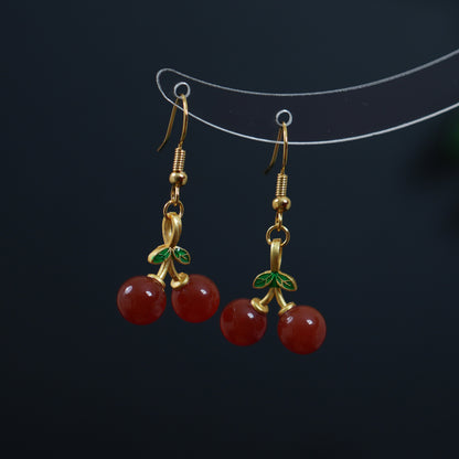 Natural Red Agate Gemstone Cherry Necklace & Earring Set • Gold Tone Fruit Jewelry • Gift for Her