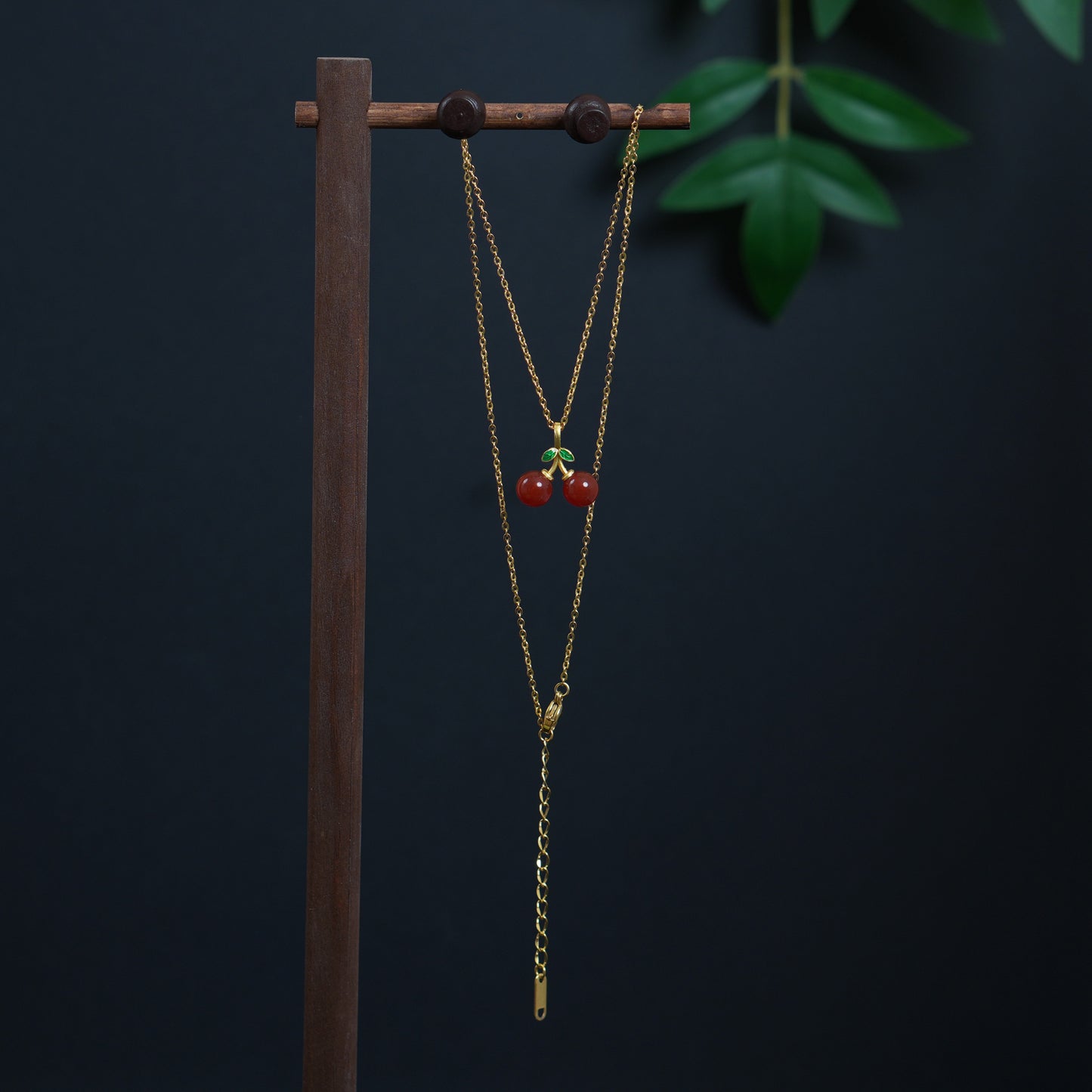 Natural Red Agate Gemstone Cherry Necklace & Earring Set • Gold Tone Fruit Jewelry • Gift for Her