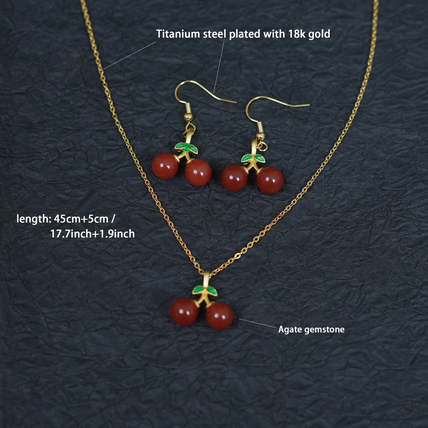 Natural Red Agate Gemstone Cherry Necklace & Earring Set • Gold Tone Fruit Jewelry • Gift for Her