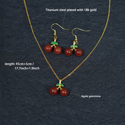 Natural Red Agate Gemstone Cherry Necklace & Earring Set • Gold Tone Fruit Jewelry • Gift for Her