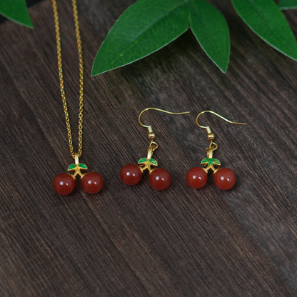 Natural Red Agate Gemstone Cherry Necklace & Earring Set • Gold Tone Fruit Jewelry • Gift for Her