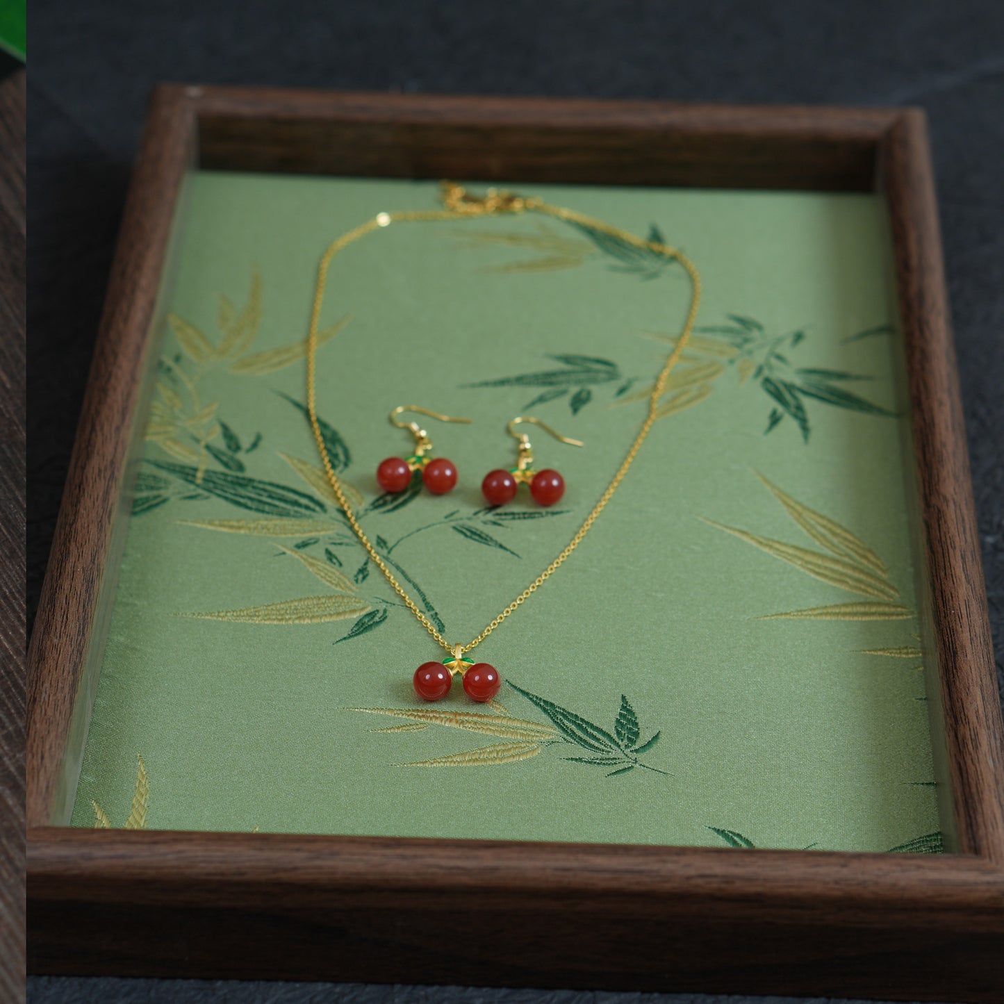 Natural Red Agate Gemstone Cherry Necklace & Earring Set • Gold Tone Fruit Jewelry • Gift for Her