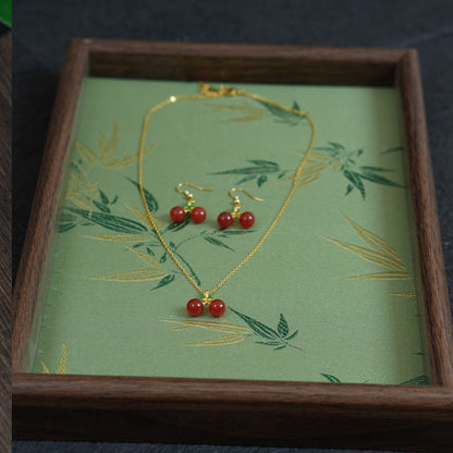 Natural Red Agate Gemstone Cherry Necklace & Earring Set • Gold Tone Fruit Jewelry • Gift for Her