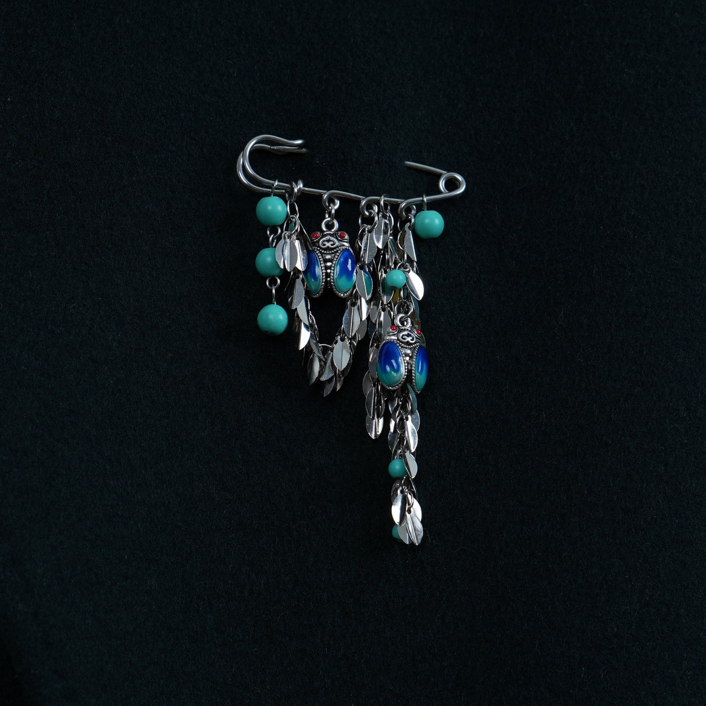 Vintage Cloisonne Enamel Cicada Brooch, Boho Turquoise Dangle Safety Pin, Ethnic Silver Tone Leaf Tassel Brooch, Unique Gift for Her