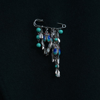Vintage Cloisonne Enamel Cicada Brooch, Boho Turquoise Dangle Safety Pin, Ethnic Silver Tone Leaf Tassel Brooch, Unique Gift for Her