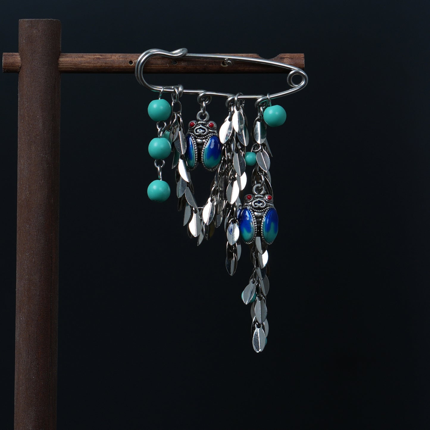 Vintage Cloisonne Enamel Cicada Brooch, Boho Turquoise Dangle Safety Pin, Ethnic Silver Tone Leaf Tassel Brooch, Unique Gift for Her