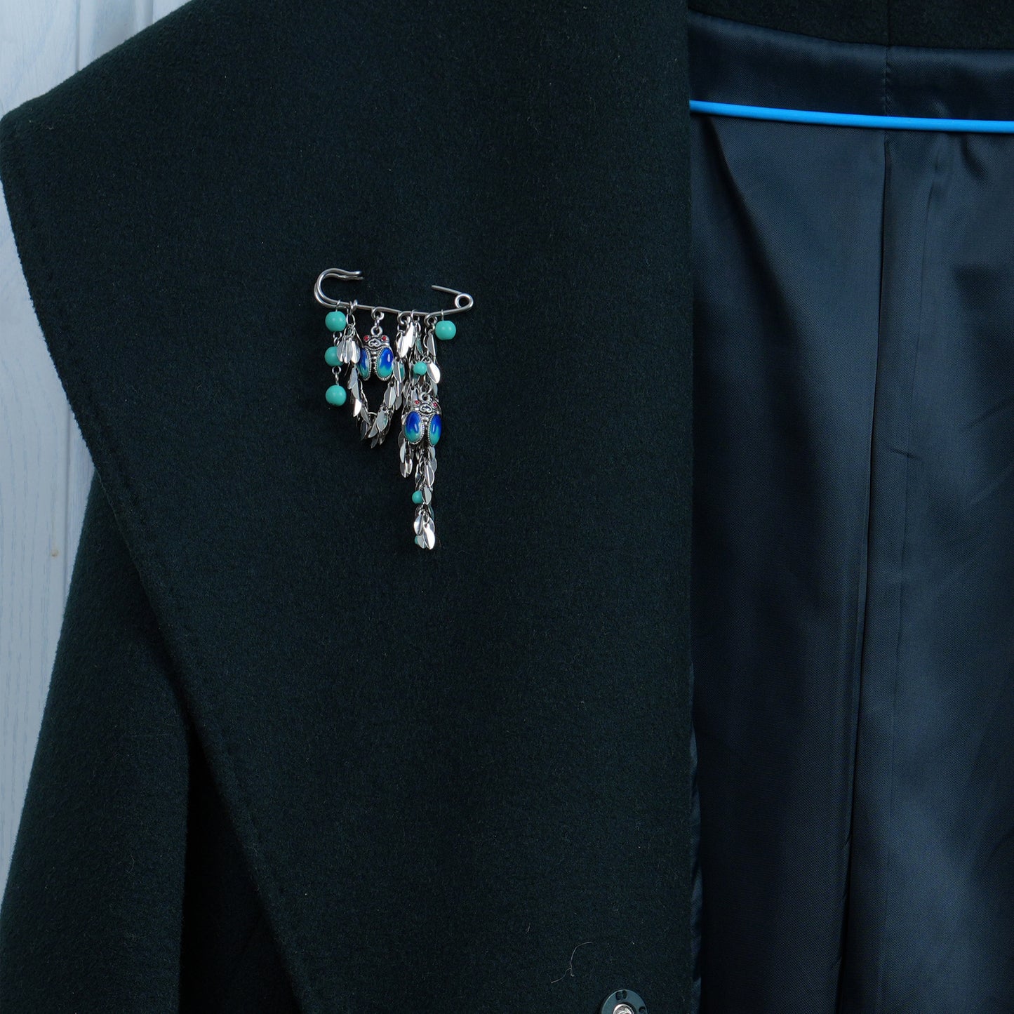 Vintage Cloisonne Enamel Cicada Brooch, Boho Turquoise Dangle Safety Pin, Ethnic Silver Tone Leaf Tassel Brooch, Unique Gift for Her