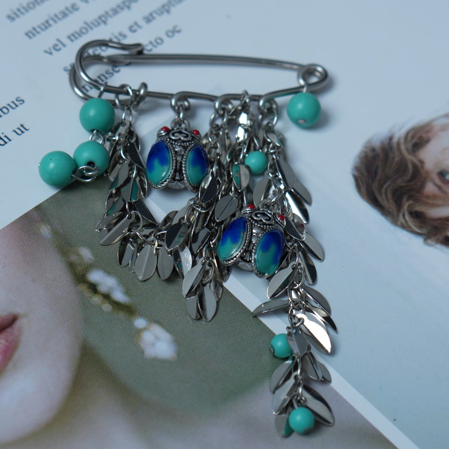 Vintage Cloisonne Enamel Cicada Brooch, Boho Turquoise Dangle Safety Pin, Ethnic Silver Tone Leaf Tassel Brooch, Unique Gift for Her