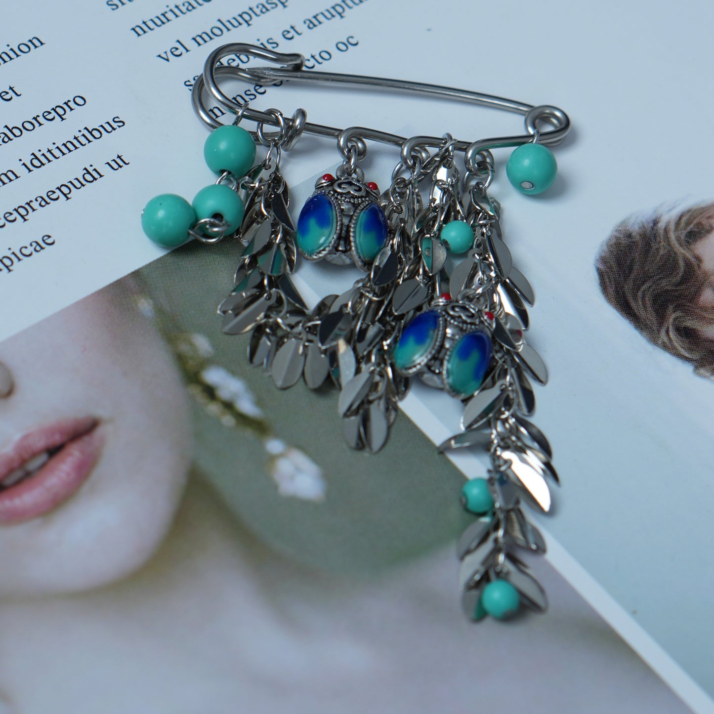 Vintage Cloisonne Enamel Cicada Brooch, Boho Turquoise Dangle Safety Pin, Ethnic Silver Tone Leaf Tassel Brooch, Unique Gift for Her