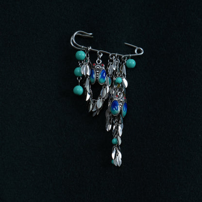 Vintage Cloisonne Enamel Cicada Brooch, Boho Turquoise Dangle Safety Pin, Ethnic Silver Tone Leaf Tassel Brooch, Unique Gift for Her