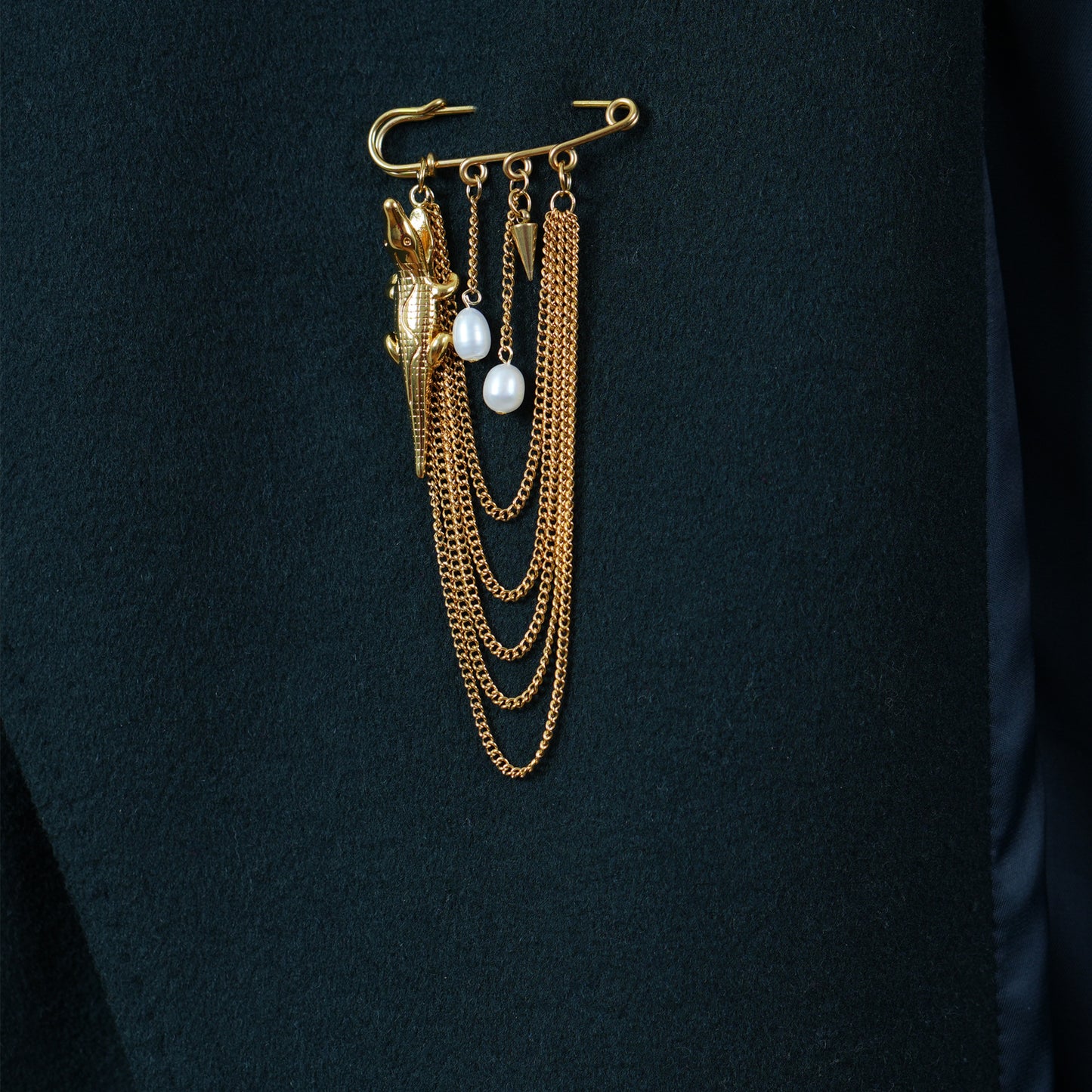 Gold Crocodile Brooch with Pearls, Vintage Alligator Pin with Chains