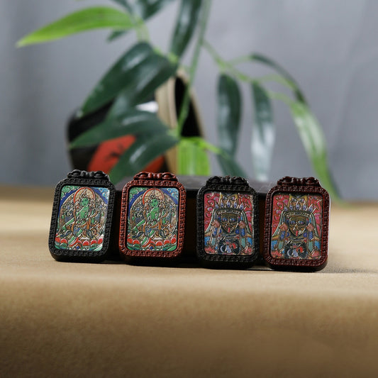 Handmade Agarwood Painted Green Tara Dzi Ram Pendant Accessories - DIY Jewelry Making Supplies for Spiritual Craft