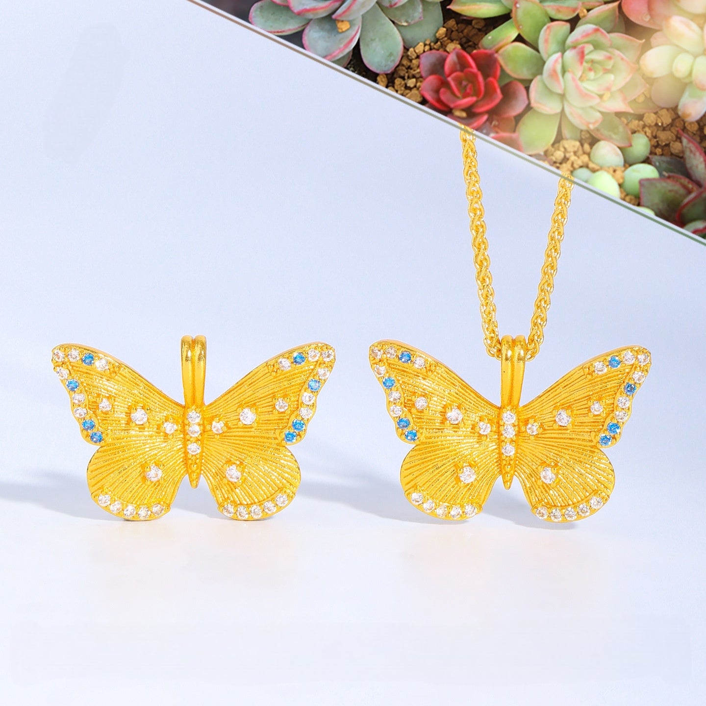 Gold Sand Butterfly Pendant Necklace, Iridescent Brushed Finish, Dainty Luxury Chain for Women