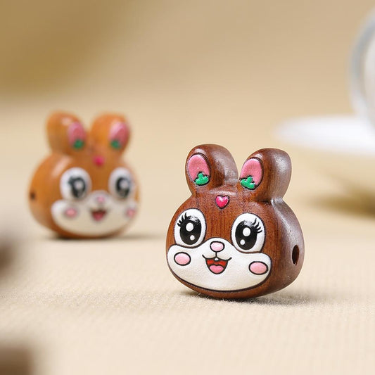 Cute Cartoon Bunny Beads on Sandalwood, Hand-Painted Lacquer Spacer Beads for DIY Bracelets & Jewelry Making