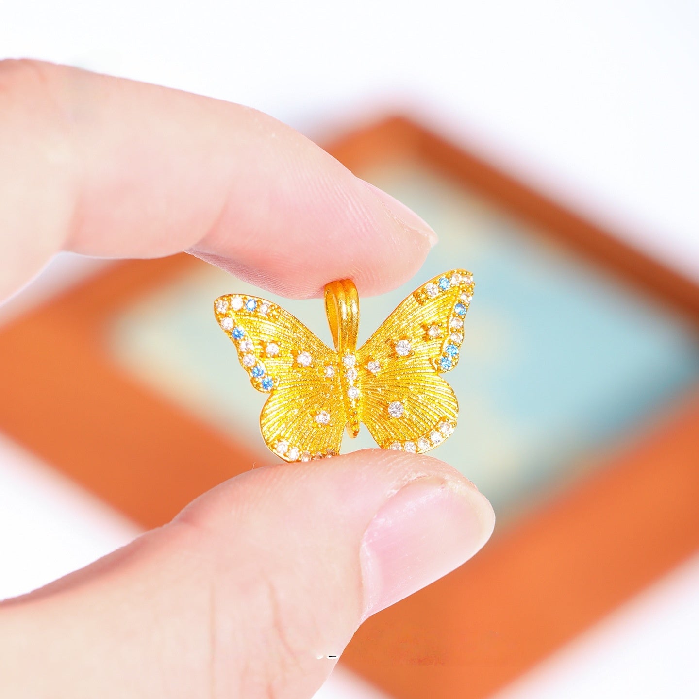 Gold Sand Butterfly Pendant Necklace, Iridescent Brushed Finish, Dainty Luxury Chain for Women