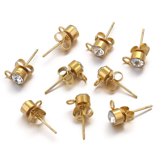 5Pairs DIY Earring Making Parts - Stainless Steel Rhinestone Stud Accessories, Beaded Hoop Round Bead Pieces