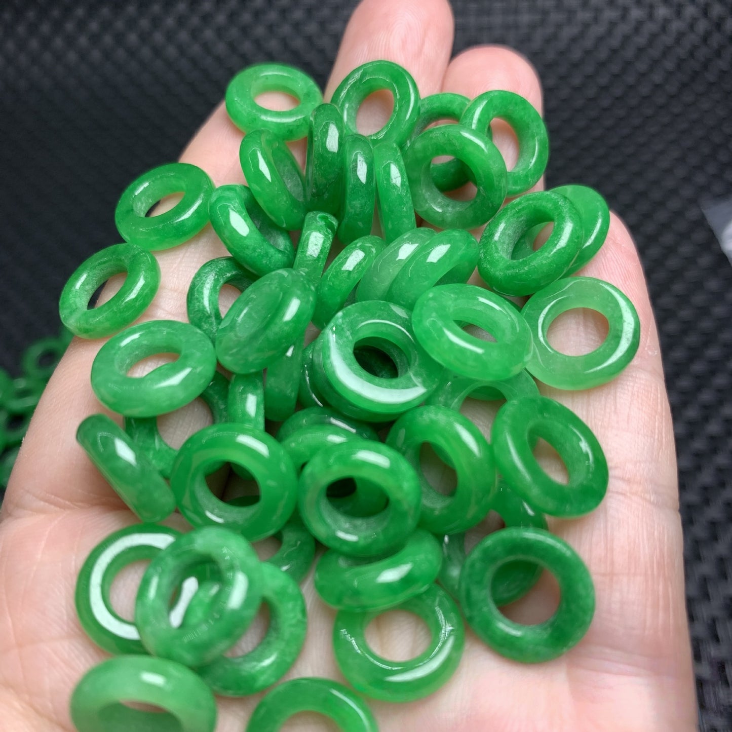 5PCS Large - Hole Green Jadeite Rings, Loose Gemstone Rings for DIY Jewelry Making, Ideal for Bracelet and Necklace Crafts