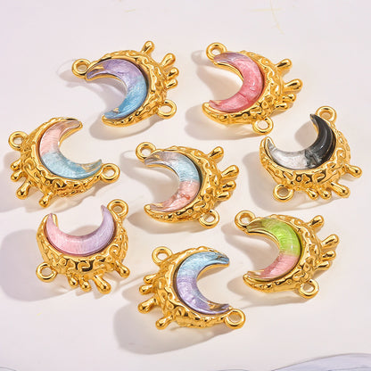 Stainless Steel Starry Sky Moon Pendant | Dreamy Colorful Double-Hole Charm, DIY Accessory for Necklace Making & Jewelry Craft