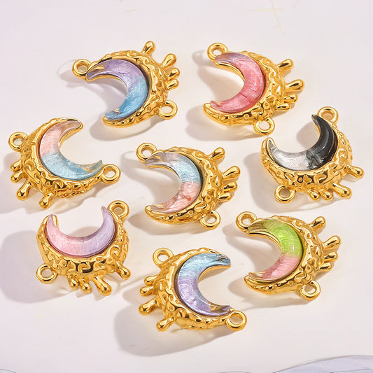 Stainless Steel Starry Sky Moon Pendant | Dreamy Colorful Double-Hole Charm, DIY Accessory for Necklace Making & Jewelry Craft