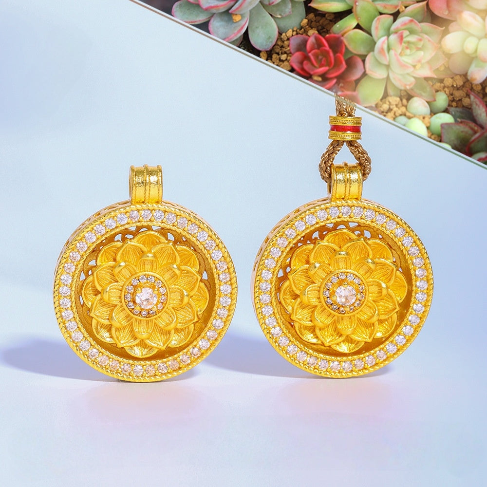 Bohemian Sand Gold Pendant | Rotatable Compass with Lotus & Peony Design | Dainty Vintage Necklace for Women