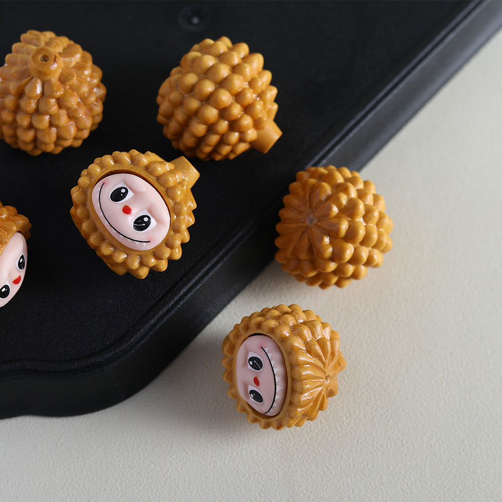 Natural Sandalwood Durian LABUBU Charm, Cute Cartoon Wooden Carved Bead, Handcrafted Solid Wood Pendant for DIY Jewelry Making