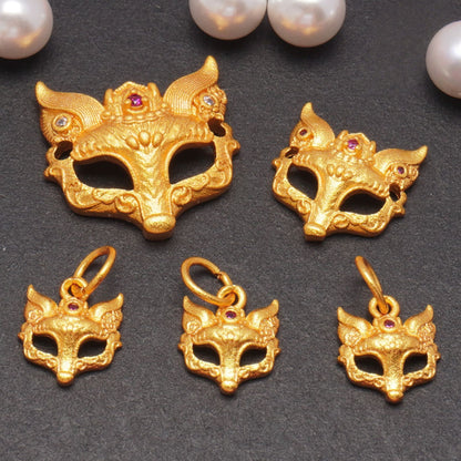 Gold Sand Fox Mask Pendant with Rhinestones, DIY Jewelry Charm, Animal Mask Necklace Pendant, Craft Supplies for Earrings Bracelet Making