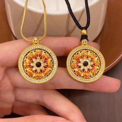 Gold Sand Spinning Lotus Eight Treasures Compass Pendant, Rotatable Buddhist Amulet Jewelry