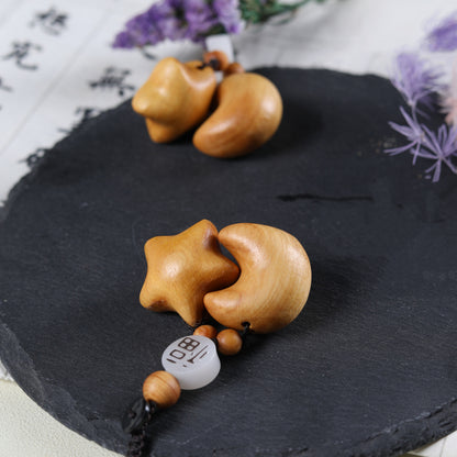 Natural Arborvitae Wood Star Moon Keychain - Couple DIY Key Ring, Handmade Bag Charm for Lovers