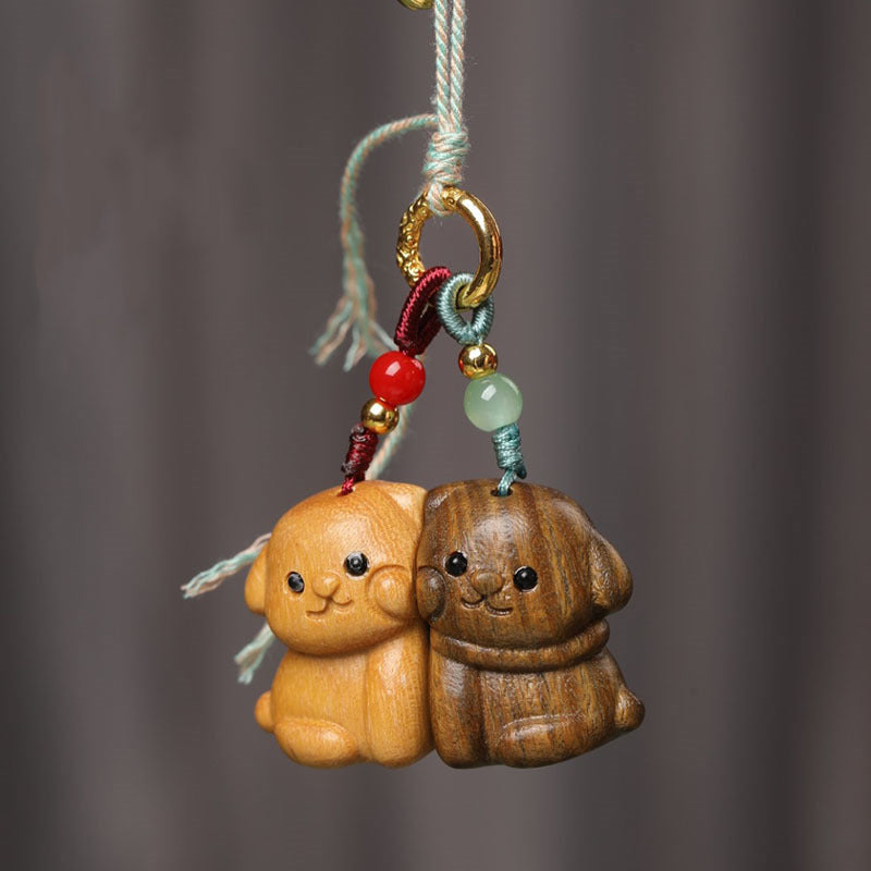Handcrafted Green Sandalwood Cartoon Dog Keychain Set - Couple "Never Apart" Charm for Him & Her