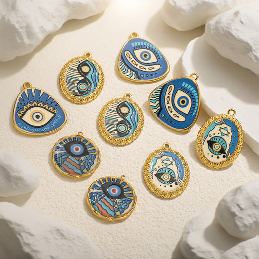 Stainless Steel Irregular Blue Heart Pendants, Enameled Flower & Eye Printed Charms, DIY Jewelry Accessories for Necklaces/Earrings