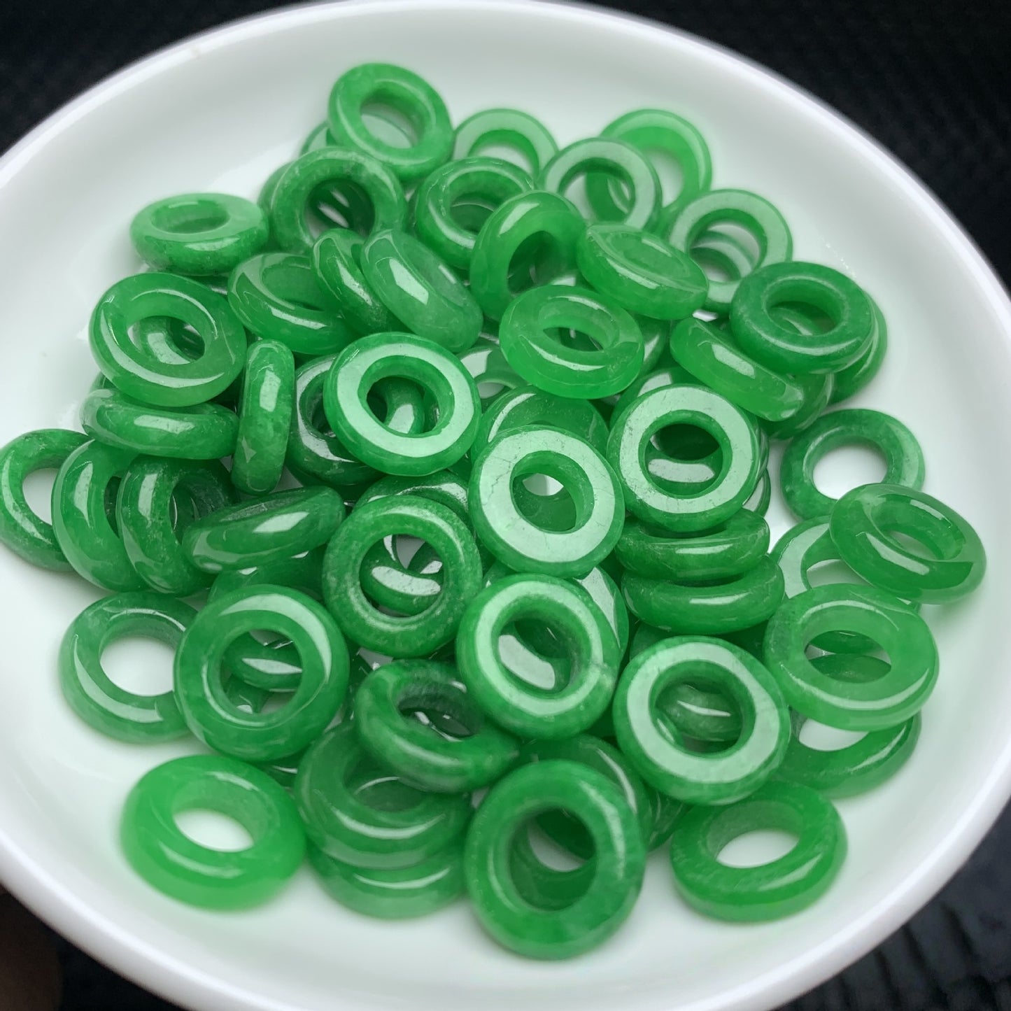 5PCS Large - Hole Green Jadeite Rings, Loose Gemstone Rings for DIY Jewelry Making, Ideal for Bracelet and Necklace Crafts