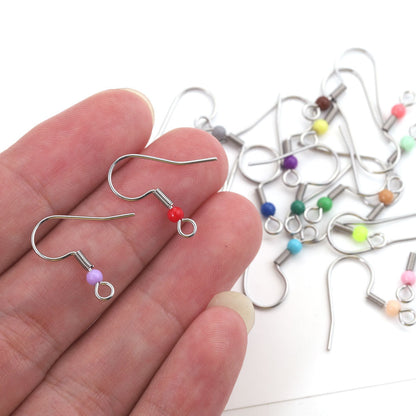 50PCS Stainless Steel Spring Ear Hooks with Round Beads | Colorful Earring Components, DIY Jewelry Supplies for Handmade Earrings