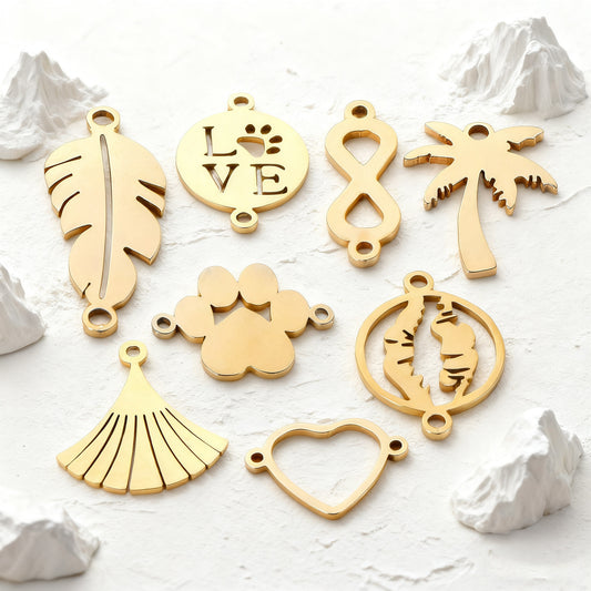 10PCS Stainless Steel Hollow Leaf Heart Fan Letter Charms - Vacuum Plated Shiny Mini Pendants, DIY Jewelry Tags & Accessories