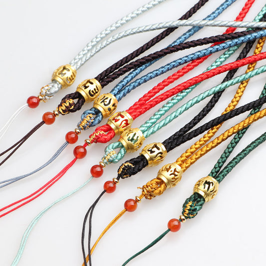 Six-Word Mantra Handwoven Cord, DIY Agate Prayer Bead Holder, Handmade Wrist Rope, Keychain & Phone Strap Jewelry Accessories