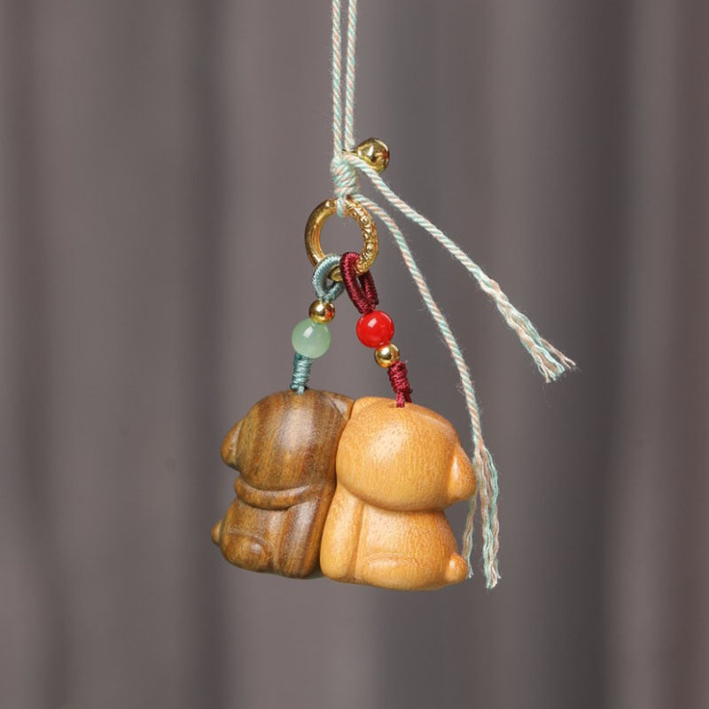 Handcrafted Green Sandalwood Cartoon Dog Keychain Set - Couple "Never Apart" Charm for Him & Her