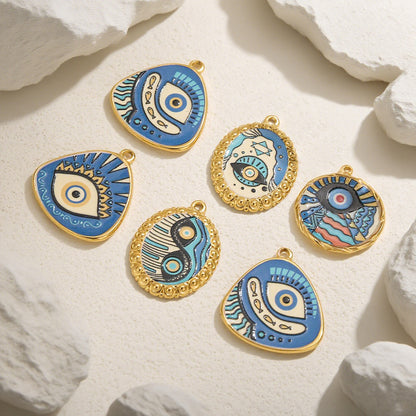 Stainless Steel Irregular Blue Heart Pendants, Enameled Flower & Eye Printed Charms, DIY Jewelry Accessories for Necklaces/Earrings