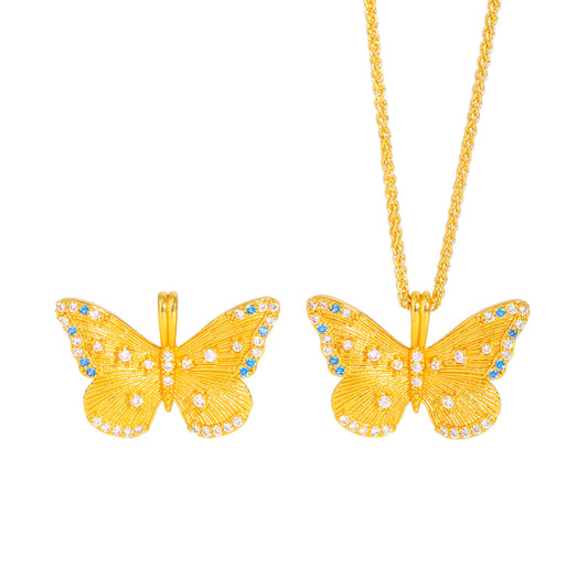 Gold Sand Butterfly Pendant Necklace, Iridescent Brushed Finish, Dainty Luxury Chain for Women