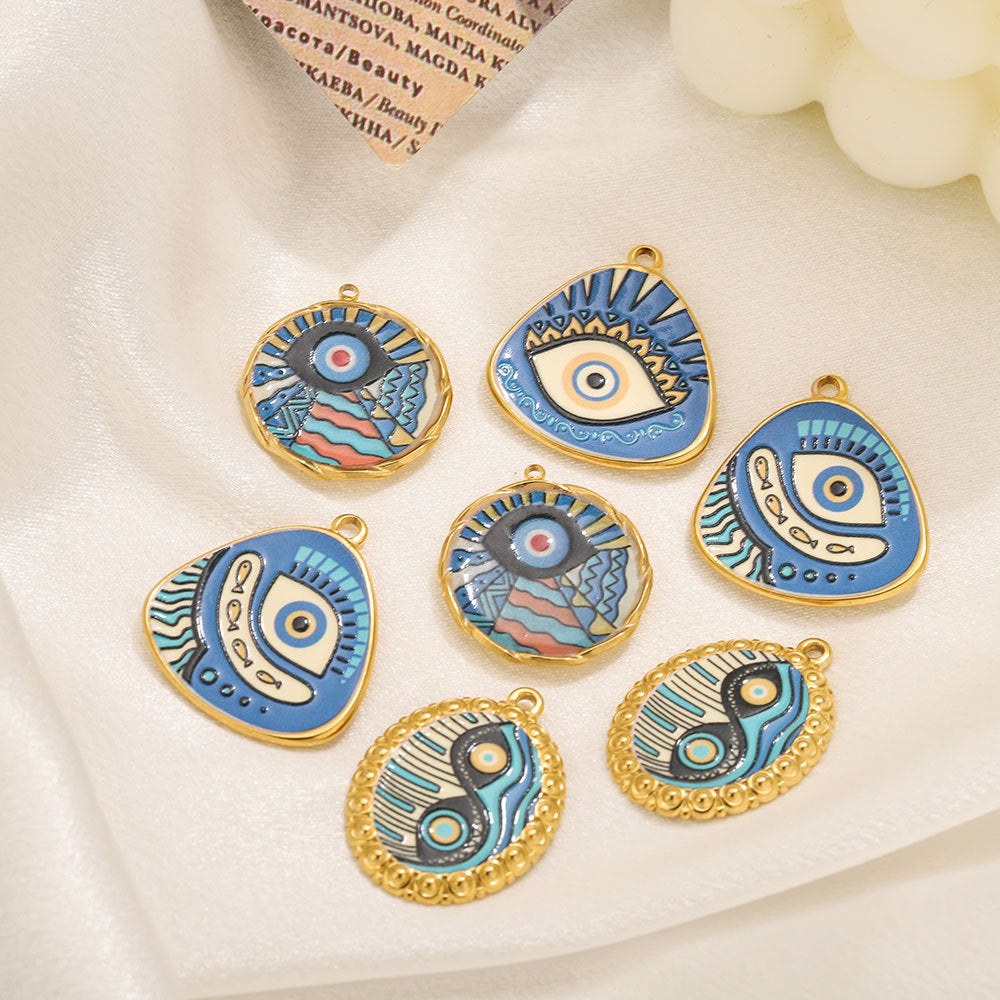 Stainless Steel Irregular Blue Heart Pendants, Enameled Flower & Eye Printed Charms, DIY Jewelry Accessories for Necklaces/Earrings