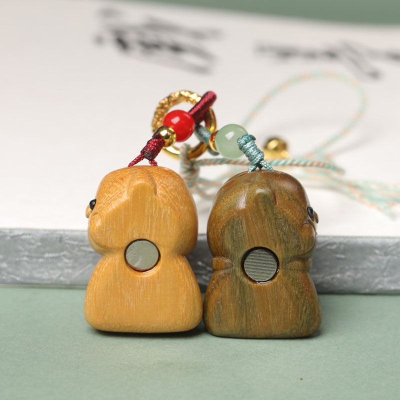 Handcrafted Green Sandalwood Cartoon Dog Keychain Set - Couple "Never Apart" Charm for Him & Her