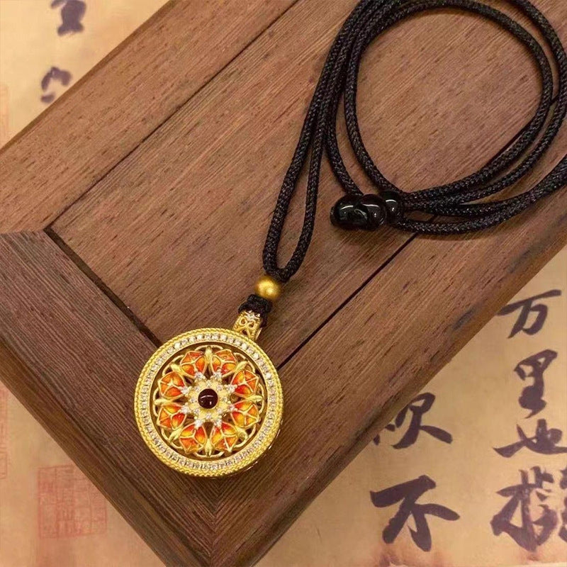 Gold Sand Spinning Lotus Eight Treasures Compass Pendant, Rotatable Buddhist Amulet Jewelry