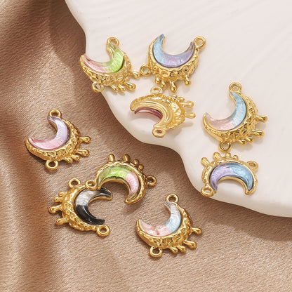 Stainless Steel Starry Sky Moon Pendant | Dreamy Colorful Double-Hole Charm, DIY Accessory for Necklace Making & Jewelry Craft