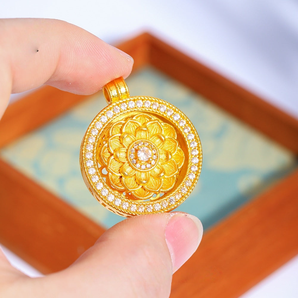 Bohemian Sand Gold Pendant | Rotatable Compass with Lotus & Peony Design | Dainty Vintage Necklace for Women