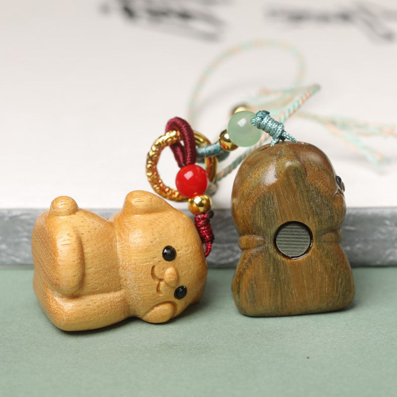 Handcrafted Green Sandalwood Cartoon Dog Keychain Set - Couple "Never Apart" Charm for Him & Her