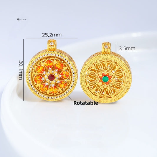 Gold Sand Spinning Lotus Eight Treasures Compass Pendant, Rotatable Buddhist Amulet Jewelry