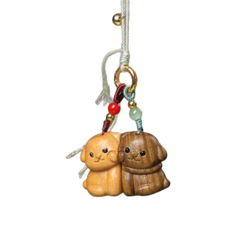 Handcrafted Green Sandalwood Cartoon Dog Keychain Set - Couple "Never Apart" Charm for Him & Her